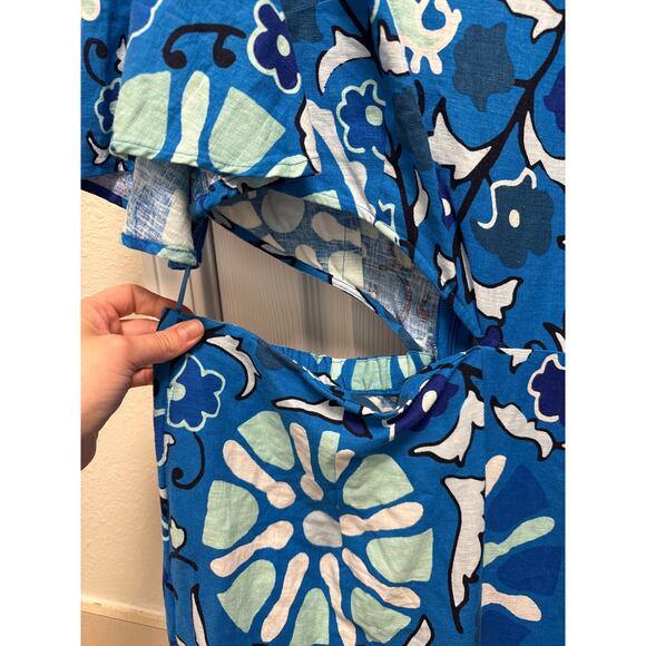 RHODE Zinnia Floral Print Wide Leg Resort Jumpsuit Blue Linen Blend Size Large - Picture 6 of 9